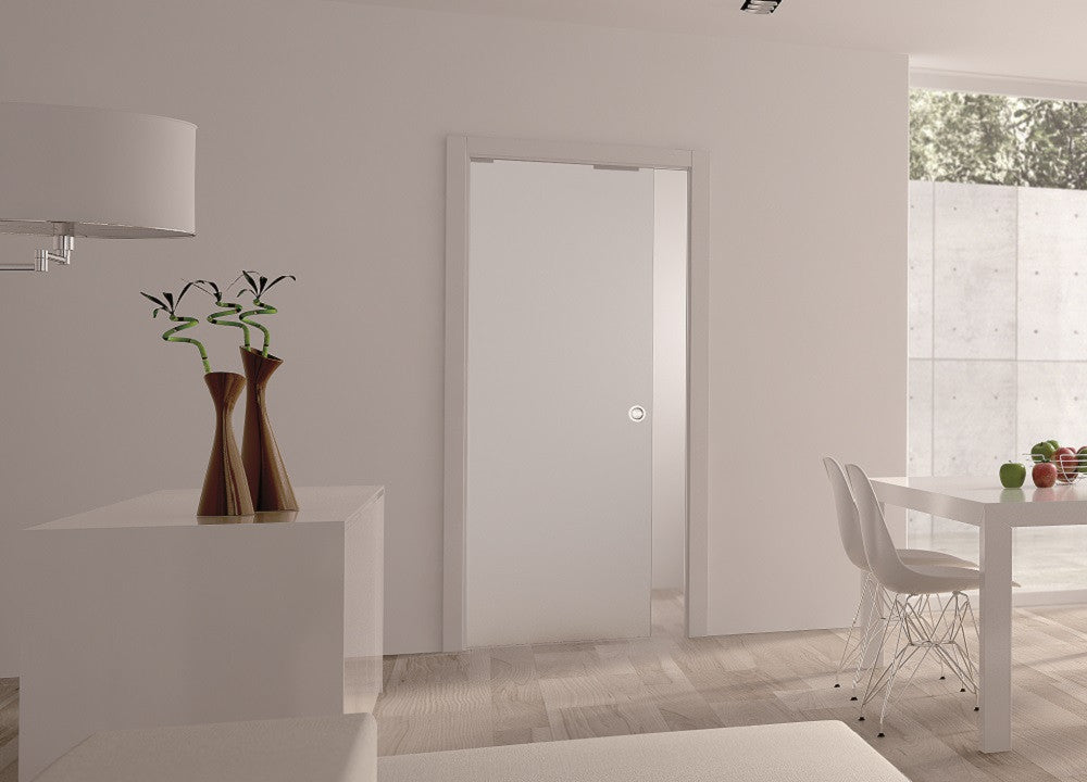 Classic SINGLE Plain Satin 8mm Glass Pocket Door- Stainless Steel Round Handle