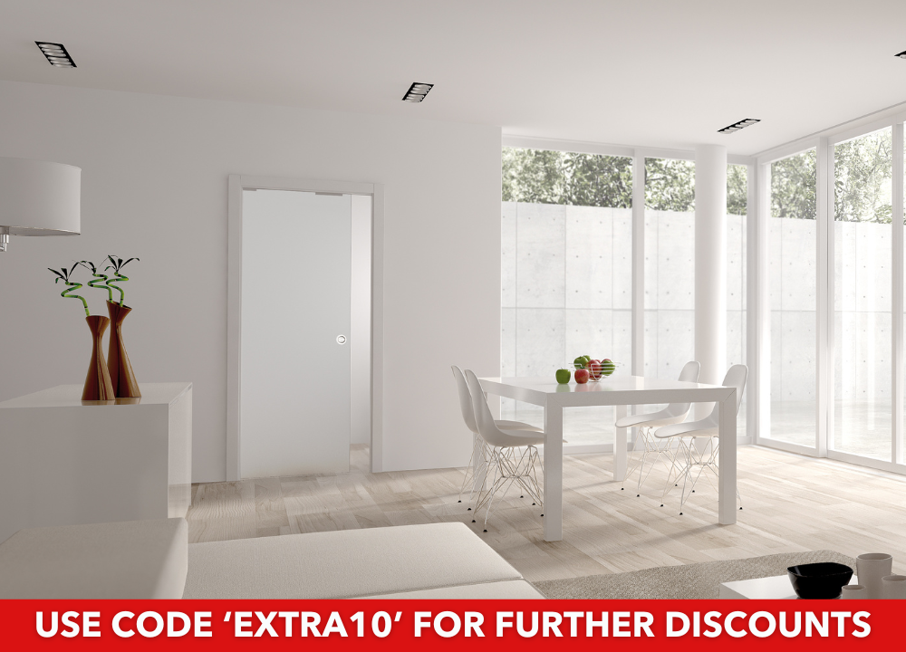 END OF LINE: Classic Plain Satin 8mm Glass Pocket Door - Double Boarded 140mm