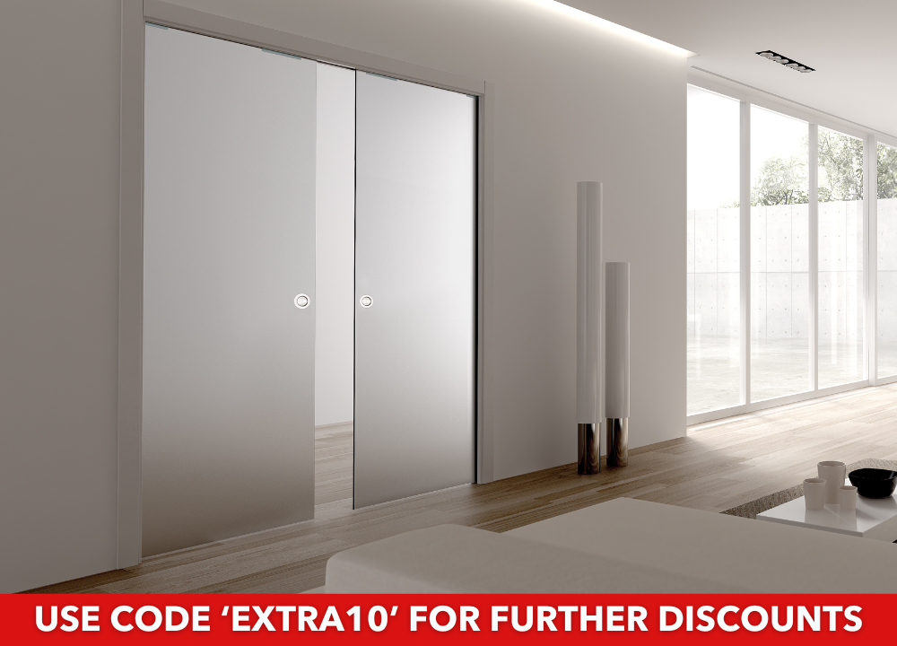 END OF LINE: Classic Plain Satin 8mm Glass Pocket Door - Double Boarded 140mm