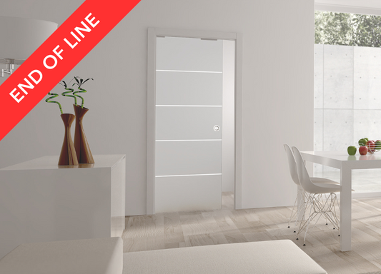 END OF LINE: Classic SINGLE Striped Satin 8mm Glass Pocket Door- Stainless Steel Round Handle