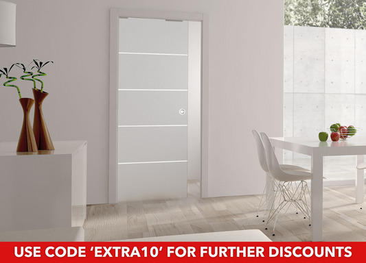 END OF LINE: Classic striped Satin 8mm Glass Pocket Door - Double Boarded 140mm