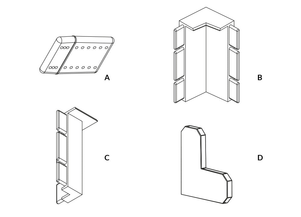 Connectors: (A) LINEAR CONNECTOR, (B) INTERNAL CORNER CONNECTOR, (C) EXTERNAL CORNER CONNECTOR and (D) STEP CONNECTOR.