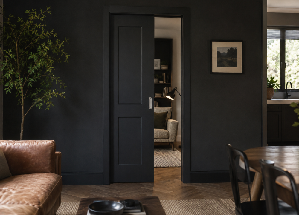 A dark charcoal gray interior door set in a modern living room with dark walls, a brown leather sofa, a wooden dining table, and a plant.